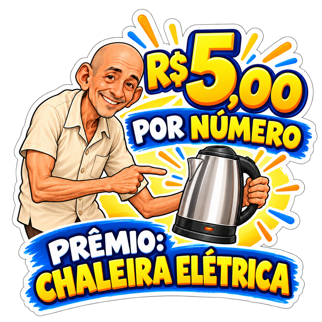 Ti Toi aponta para a chaleira elétrica, prêmio da rifa.